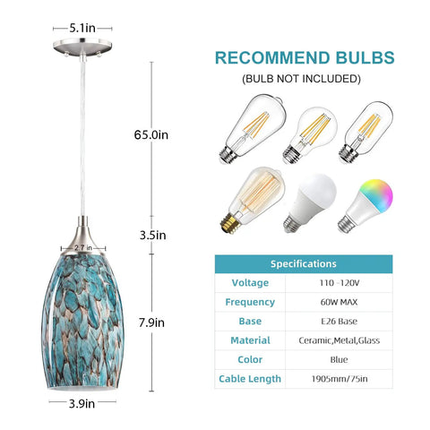 Handblown Blue Art Glass Pendant Light With Brushed Nickel Finish Dope Edison Style Hanging Lamp Adjustable Cord chart