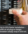 Hand installing Whole Home Surge Protector With Dual 15 Amp One Pole Plug On Breakers For 120 240 Volt Panels, Model LSPD1 T.