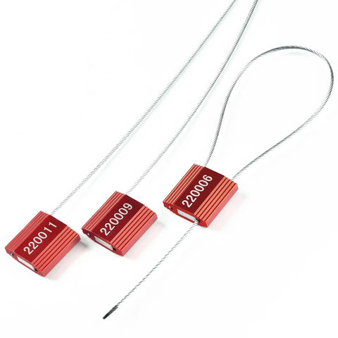 Three red steel cable seals with numbered tags, 100 Heavy Duty Red Steel Cable Seals Rock Solid Security Ties Anti Tamper Truck Container Locks.