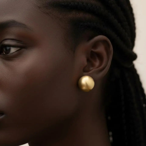 Bold Gold Round Earrings For Women Featuring A Chunky Wide Half Ball Design Lightweight Studs For Everyday Wear Dope Party Ready Glam Vibe Trendy Circle Hoop Look Essential Accessory For Chic Street Style, gold stud close-up
