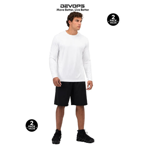 Model wearing Two Pack Men's UPF 50 Plus Long Sleeve Sun Shirts Stay Dry Quick Dry Breathable Moisture-Wicking Tech Fabric Non See-Through Easy Care
