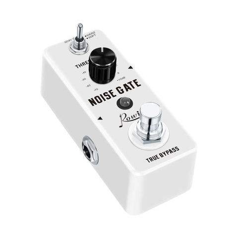 Dual Mode Noise Gate Pedal With Hard And Soft Noise Reduction Metal Shell True Bypass Compact Road Ready Design For Tight Gating And Clear Tone On Stage DC 9V Powered Adapter Not Included Ideal For Stage And Studio Use, angled view showing control knobs and switch