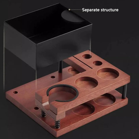Top Shelf Solid Walnut Espresso Knockbox Station With Five Dedicated Slots For 51 54 And 58 Millimeter Portafilters showing solid walnut base and separate black waste bin.