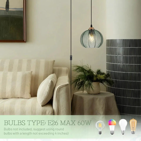 Green Glass Pendant Light For Kitchen Island Hand Blown 1 Light Modern Farmhouse Style With Mid Century Vibe Perfect For Dining Living Room Bedroom Spaces displayed in a cozy living area with beige sofa and indoor plant.