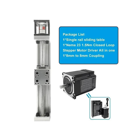 Rock Solid 60mm Wide X Y Z Axis Linear Actuator Featuring Nema23 Servo Motor Ball Screw Drive and 57mm Linear Rail Guided Stage Slide with included components.