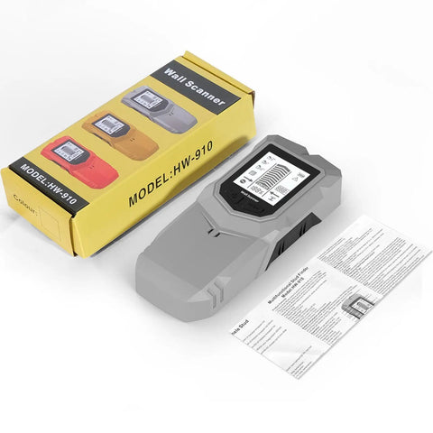 Stud Finder Depth Recognition LCD Display Audio Alarm Detector with gray casing, box, and manual on white background.