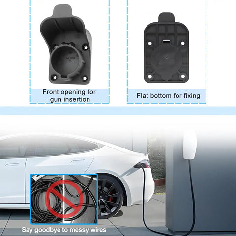 Wall-mounted EV Charger Holder showing front opening and flat bottom, in use with SAE J1772 electric vehicle for home and travel.
