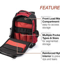 Welding Gear Backpack For Pros, All In One PPE And Electronics Storage, open view showing front load compartment and multiple pockets.