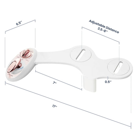 Rose Gold Bidet Attachment With Warm Water and Dual Nozzles, Self Cleaning No Electric Toilet Seat Washer, dimensions shown