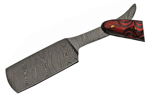 Badass Professional Damascus Steel Straight Razor featuring a unique blade design and rich red wood handle with brass pins.