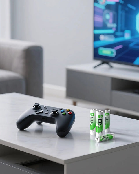 Gaming controller next to All In One Rechargeable AA And AAA Batteries Kit With 8 Bay Smart Charger 2800mAh AA 1.2V NiMH And 1100mAh AAA 1.2V NiMH on table