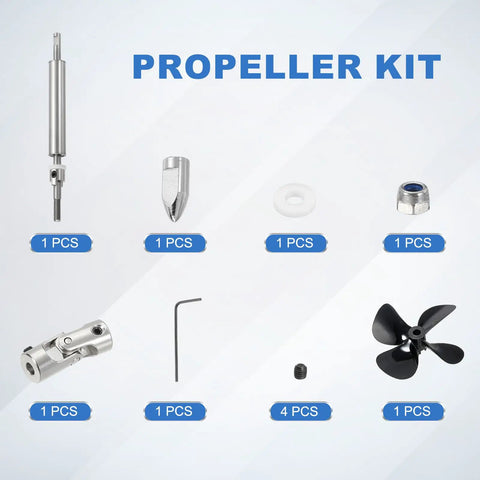 Driveshaft And 4 Blade Stainless Steel Propeller Kit For RC Boats, Universal Joint, 100mm Shaft, 50mm Sleeve, 55mm Propeller Diameter, Fits 3mm Motor Shaft, RC Boat Coupler Assembly, Upgrade And Repair components displayed