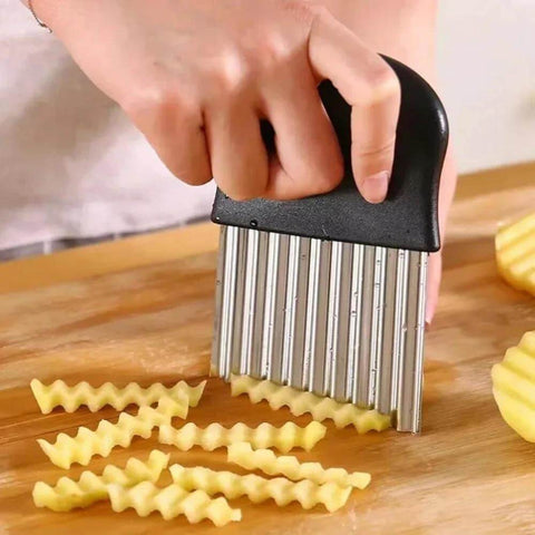Front view of stainless steel crinkle cutter with black handle, for crinkle-cut potato fries.