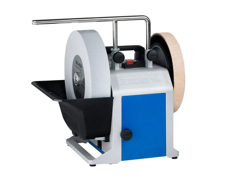 Top Shelf Water Cooled Sharpening System For Keeping All Your Edges Slick And Fly On Every Woodworking Project Featuring Smooth Wet Cooling And Includes Full Guide, showing water cooled sharpening setup.
