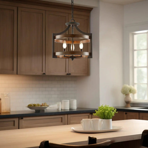 Farmhouse 3-Light Industrial Pendant Light With Wood And Metal Drum Shade, Convertible Semi-Flush Ceiling Fixture in kitchen