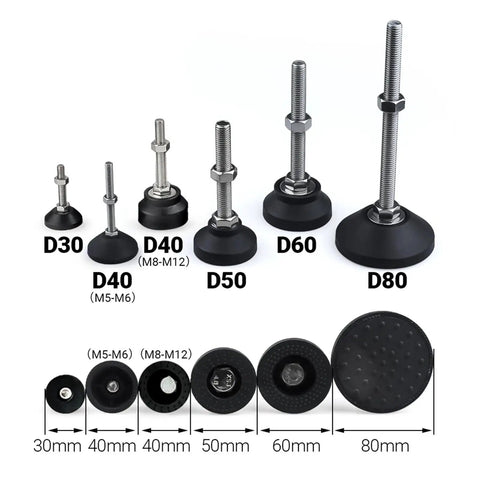 Adjustable Leveling Feet For Furniture With 40mm Diameter, Height Adjustable From 30 To 150mm, M5 To M12 Thread Compatibility, Nylon And Stainless Steel Base, No Tool Needed Setup, Reduces Wobble And Protects Floors, shown in assorted sizes