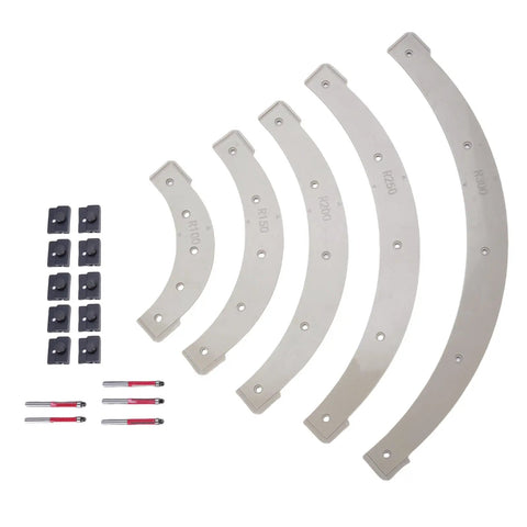 Image of Dead Nuts Precision Slick Curve Router Jig Template Kit Featuring Five Radius Guides R100 to R300 for woodworking use.