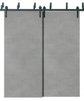 Solid Wood Barn Door Set With Two Black Bypass Sliding Doors No Glass 64 By 96 Inches Modern Farmhouse Look Includes 6.6 Foot Rails Hangers