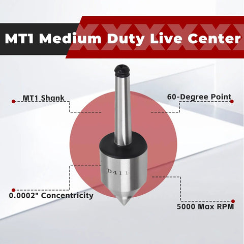 MT1 Live Center 60 Degree Tailstock Center For CNC Lathes Manual Lathes And High Speed Lathes Medium Duty 0.0002 Inch Runout 5000 RPM Max Steel Construction Sealed Front End Keeps Fluid And Debris Out