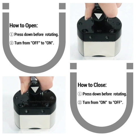 Heavy Duty 180 Lb Switch Magnet Features A Rock Solid 5 Sided Magnetic Grip Made For Welding Woodworking Shop Setup And Cabinet Installations That Really Locks In Tight demonstrating opening and closing mechanism.