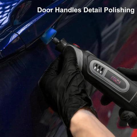 Using Cordless Detail Polisher Kit 12V Rotary Tool With Battery 5000 To 25000 RPM Pro Grade Car Buffing Polishing Sanding Cleaning Includes Foam Pad Set Portable Case on car door handle