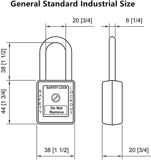 Technical drawing of Lockout Tagout Five Pack Identical Padlocks Red Color With Two Keys Per Lock Key Alike Safety Locks