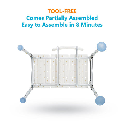 Tool-free assembly underside view of Heavy Duty Tub Transfer Bench With Backrest No Fuss Non Slip Shower Chair For Bathtub 500 Lb Capacity Adjustable Height