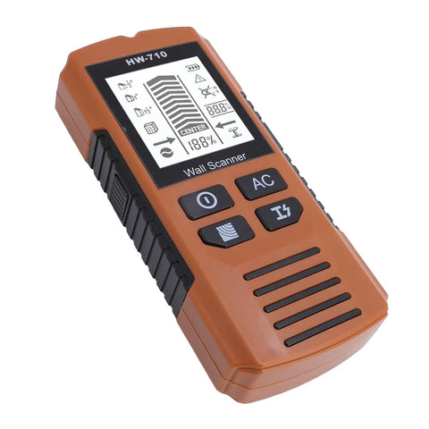 WALFRONT Wall Stud Finder with LCD Backlit Screen and 3 Scanning Modes showing detailed display and buttons for operation.