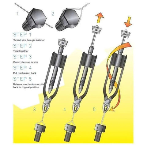 Diagram showing steps of using 9 Inch Steel Locking Pliers With Safety Lock And Wire Cutter Workhorse for wire twisting.