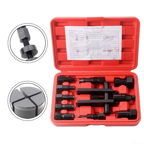 No Sweat Motorcycle Wheel Bearing Puller Set Featuring Ten Quick Grip Tools Sized Eight To Twenty Five Mm For Fast Inner Bearing Extraction stored in a red organizer.