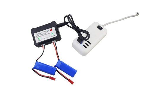 2 Pack 7.4V 550mAh LiPo Battery With 2 In 1 Charger For WLtoys K969 K979 K989 K999 P929 P939 RC Cars connected to a power adapter