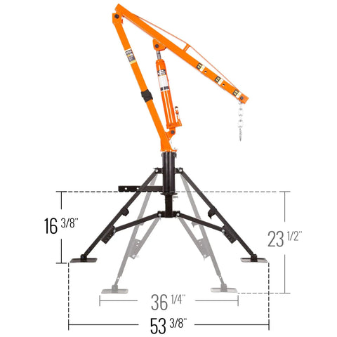 Straight Up Heavy Duty Hitch Mounted Jib Crane For Pickup Trucks with adjustable legs and hydraulic lift dimensions.