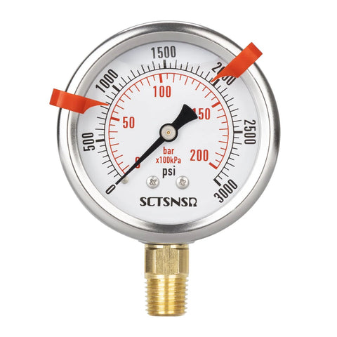 SCTSNSR 0 to 3000 psi glycerin-filled pressure gauge, stainless steel case, 2.5 in dial, 1/4 in NPT lower mount
