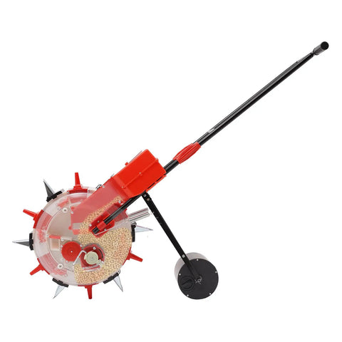 Six Row Hand Push Garden Seeder With Precision Seed Metering And Adjustable Depth And Spacing, side view showing handle and seed chamber