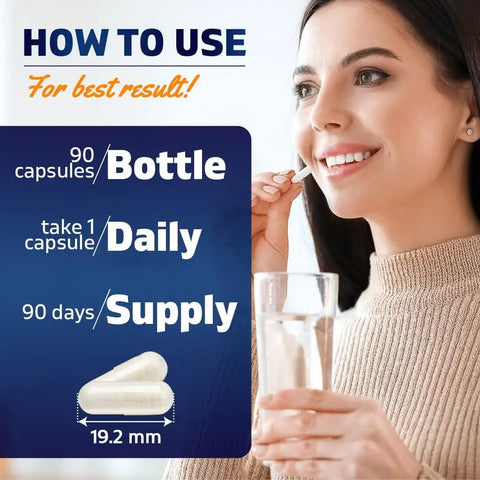 Woman holding Lithium Orotate 20mg Mood Support Supplement capsule with a glass of water; daily wellness instructions displayed.