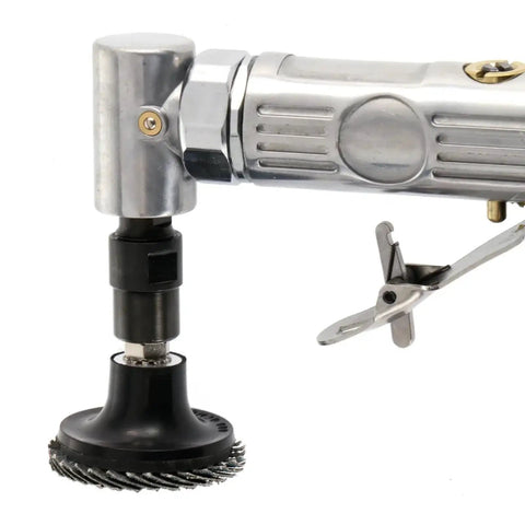 Badass Heavy Duty Pneumatic Angle Die Grinder Kicking Out 25000 Rpm With A Snappy 90 Degree Angled Head For Brutal Metal Removal Jobs Reliable Air Powered Rotary Tool For Pro Shop Grinds close-up of tool head and brush attachment.