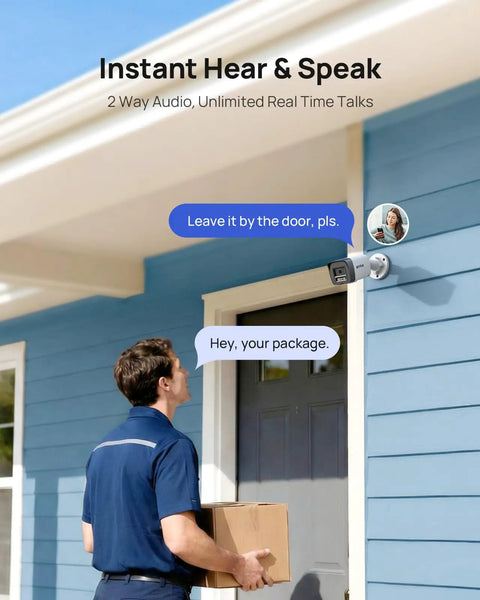 5MP All In One Security Camera System With Two Way Audio, mounted outside home, delivery interaction via camera interface