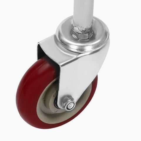 Swivel locking wheel of Heavy Duty Rolling Laundry Cart With Hanging Bar And Swivel Locking Wheels, red rubber and steel structure.