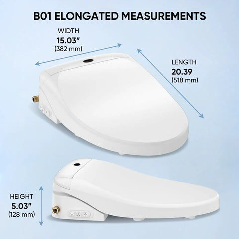 Electric Bidet Toilet Seat With Wireless Remote And Side Panel For Smooth Cleanup dimensions showing width 15.03", length 20.39", height 5.03".