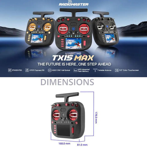 TX15 Max 3.5 Inch IPS Touchscreen Radio Controller With ExpressLRS Long Range AG02 CNC Hall Gimbal in black with dimensions.
