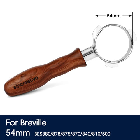 Bottomless 54mm Espresso Portafilter With 3 Ears And Puck Screen displayed with wooden handle for Breville models
