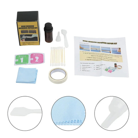 Rear Window Defroster Repair Kit For Heated Glass Grid Quick DIY Fix With Conductive Glue contents and instruction manual.