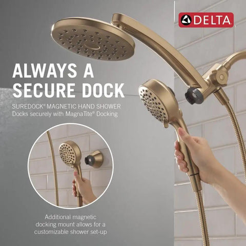 Real Deal 3 In 1 Rainfall And Handheld Shower Head With 360 Pivot Body And High Pressure Pro Clean Spray For A Total Bath Game Changer Upgrade In Polished Champagne Bronze, showcasing magnetic hand shower and dock.