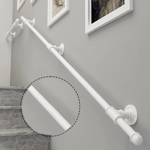 Slick Wrought Iron Handrail For Indoor Outdoor Stairs, Wall Mounted Safety Banister Bar With No Sweat Install Kit, 14 Foot Galvanized Support Grip for Elders And Little Tykes on a gray wall.