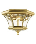 Monterey Two Light Outdoor Indoor Flush Mount In Polished Brass Finish Solid Brass Fixture With Clear Beveled Glass Classic Old School Vibe For Indoor Or Outdoor Use