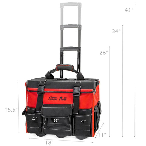 Front view of Rolling Tool Bag Organizer with Wheels, 18 Inch Portable Tool Tote, red and black, adjustable telescoping handle extended.