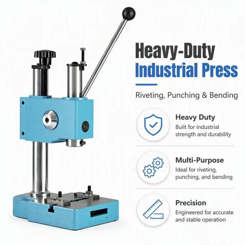 Built Different Heavy Duty Manual Spring Arbor Press, Shop Rat Approved Bench Top Press for Riveting Punching and Bending, solid steel base with blue finish.