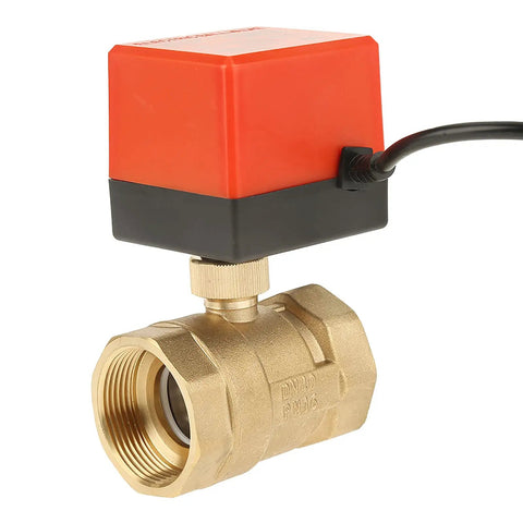 Pro Grade Two Way Motorized Ball Valve Crafted From Heavy Duty Forged Brass G1 One Half Inch Pipe Thread Dn40 Size views from the side.