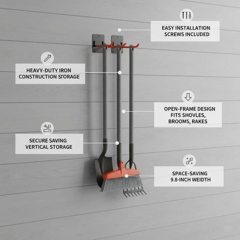 Heavy Duty Iron Tool Rack for Garage Organization, vertical wall mount with shovels, rakes, and brooms, orange finish