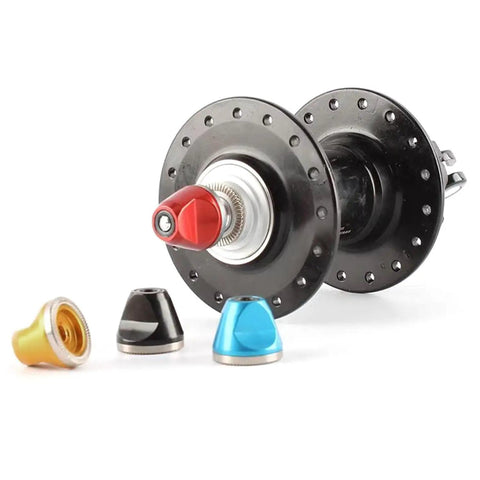 Assorted color Bike Axle Nut Set M5 Aluminum Alloy Quick Release Rod Nut For Bicycle Hub Fixed Gear 2 Pack displayed with hub